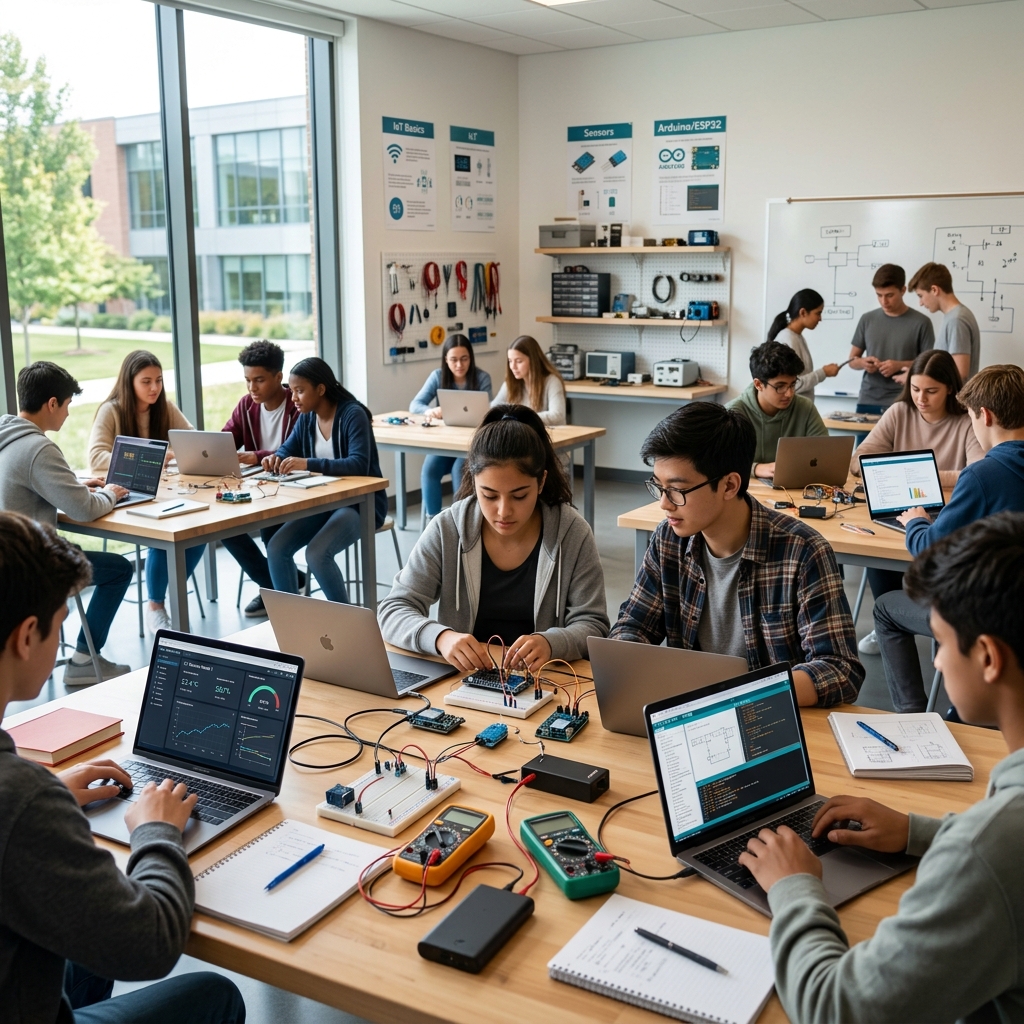Students in modern classroom learning IoT